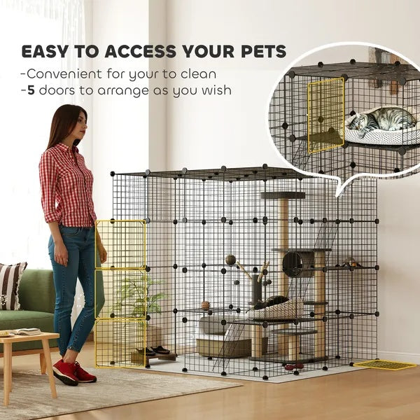 Detachable Metal Cat Cage With Platforms, Ramps, Accessories, For 1-3 Cats, 55 Inch, Black