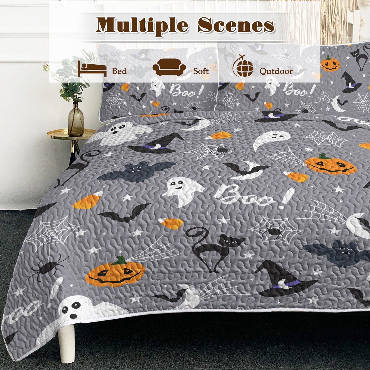 3-Piece Soft Lightweight Halloween Pumpkin Print Coverlet Set | Comfortable & Breathable Bedding for Kids, Teens, and Adults