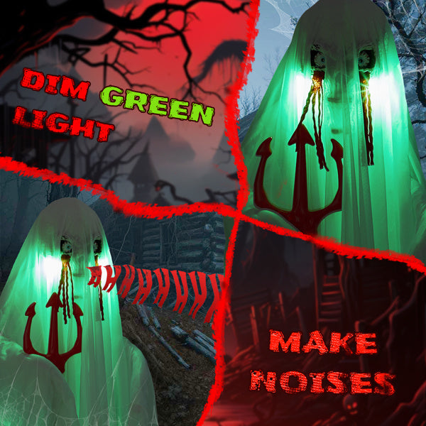 4.3ft Halloween Decorations Outdoor Life Size Animatronics Ghost With Trident, Sound-Actived Party Decor With Green Lights And Creepy Sound, Scary Haunted House Props For Garden Yard Lawn