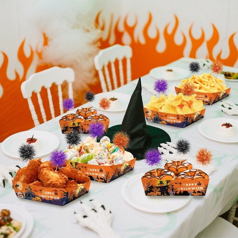 12Pcs Halloween Paper Trays With Orange Black Purple Foil Frill Toothpicks Disposable Serving Trays Scary Halloween Theme Snack Bowl For Halloween Cupcake Baking Creative Dessert Toppers - The Vibe Haven