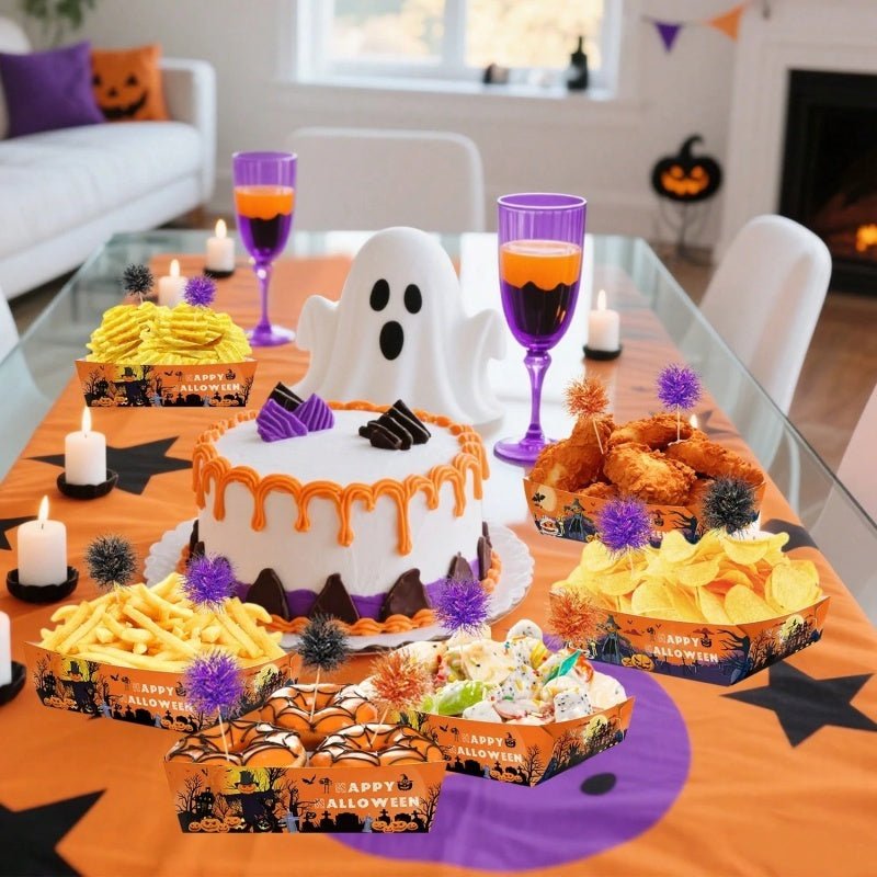12Pcs Halloween Paper Trays With Orange Black Purple Foil Frill Toothpicks Disposable Serving Trays Scary Halloween Theme Snack Bowl For Halloween Cupcake Baking Creative Dessert Toppers - The Vibe Haven