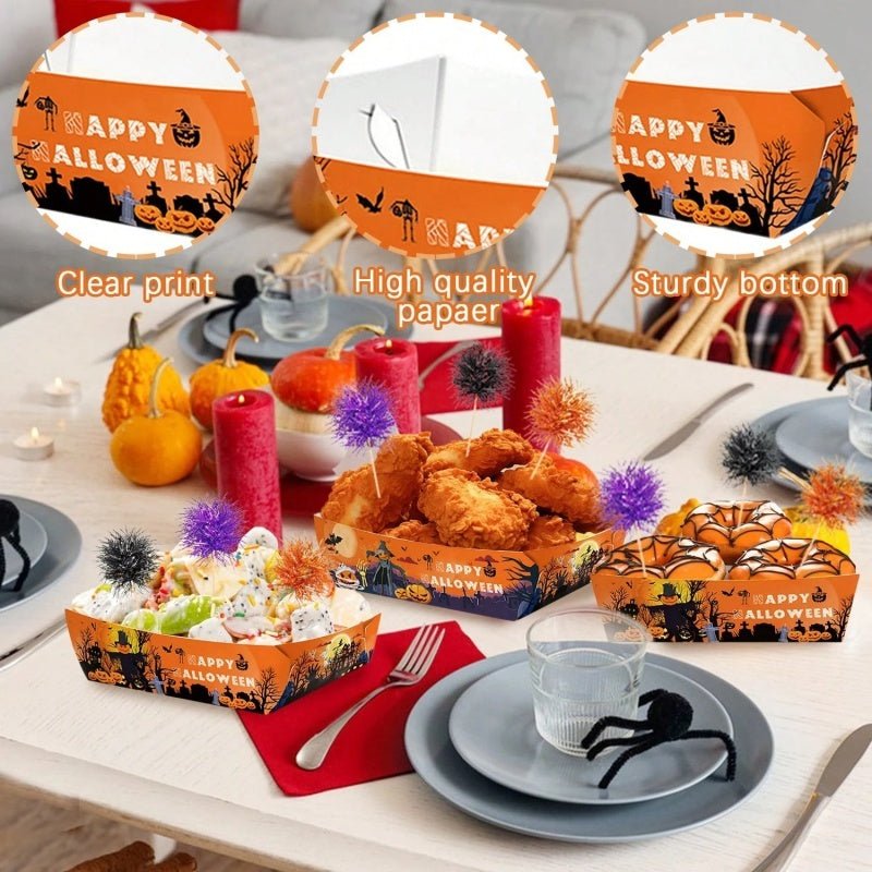 12Pcs Halloween Paper Trays With Orange Black Purple Foil Frill Toothpicks Disposable Serving Trays Scary Halloween Theme Snack Bowl For Halloween Cupcake Baking Creative Dessert Toppers - The Vibe Haven