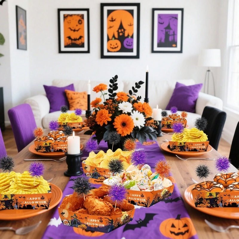 12Pcs Halloween Paper Trays With Orange Black Purple Foil Frill Toothpicks Disposable Serving Trays Scary Halloween Theme Snack Bowl For Halloween Cupcake Baking Creative Dessert Toppers - The Vibe Haven