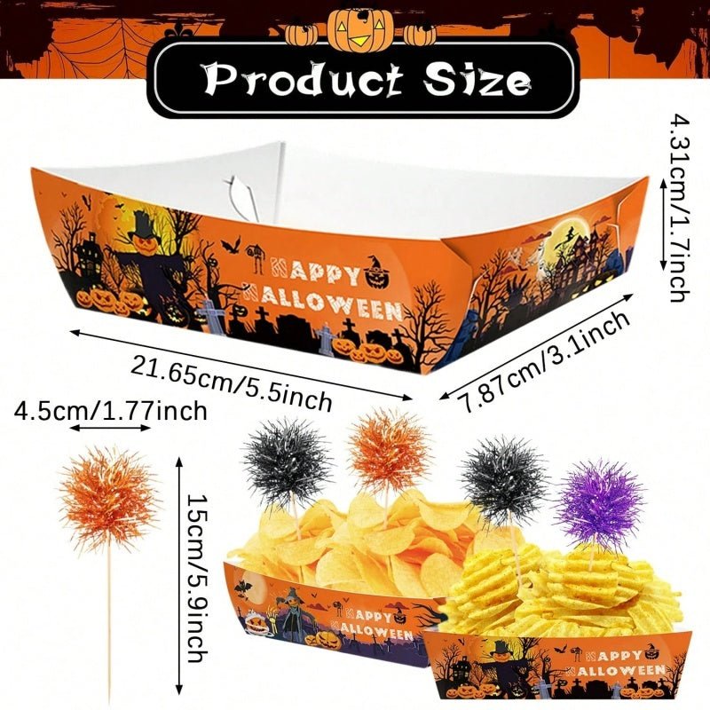 12Pcs Halloween Paper Trays With Orange Black Purple Foil Frill Toothpicks Disposable Serving Trays Scary Halloween Theme Snack Bowl For Halloween Cupcake Baking Creative Dessert Toppers - The Vibe Haven
