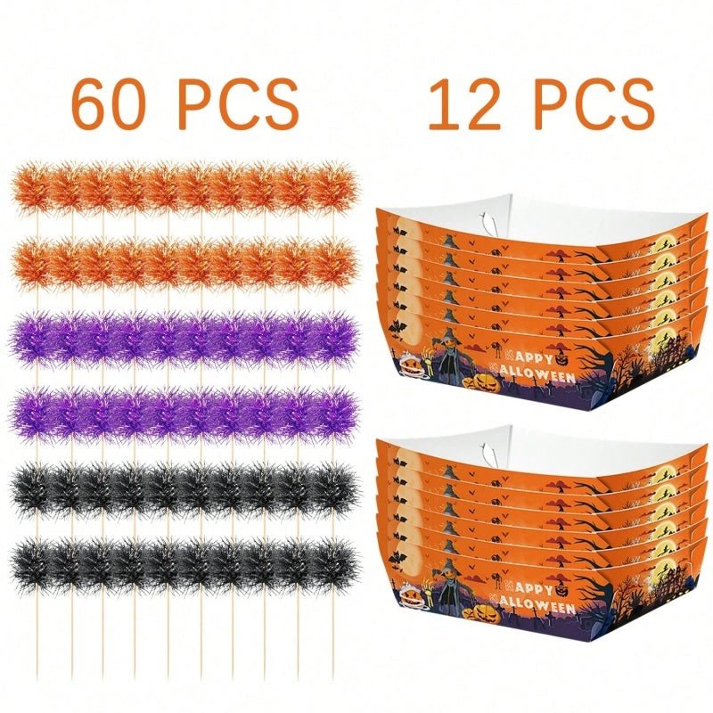 12Pcs Halloween Paper Trays With Orange Black Purple Foil Frill Toothpicks Disposable Serving Trays Scary Halloween Theme Snack Bowl For Halloween Cupcake Baking Creative Dessert Toppers - The Vibe Haven