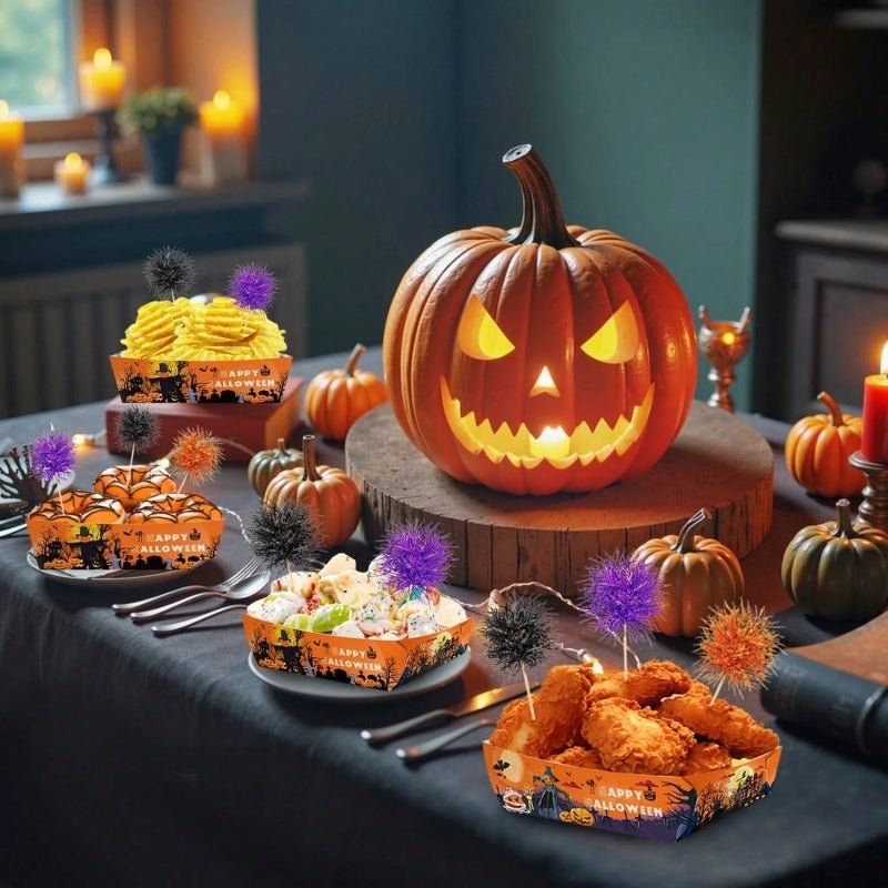 12Pcs Halloween Paper Trays With Orange Black Purple Foil Frill Toothpicks Disposable Serving Trays Scary Halloween Theme Snack Bowl For Halloween Cupcake Baking Creative Dessert Toppers - The Vibe Haven