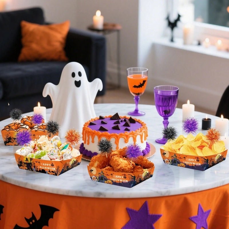 12Pcs Halloween Paper Trays With Orange Black Purple Foil Frill Toothpicks Disposable Serving Trays Scary Halloween Theme Snack Bowl For Halloween Cupcake Baking Creative Dessert Toppers - The Vibe Haven