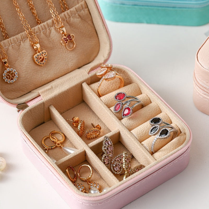 Elegant Compact Jewelry Storage Case (Pink) - Multi-Compartment Organizer for Rings, Earrings, and Pendants