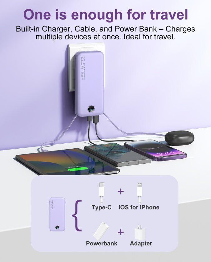 Pro-Charge Multi-Port Power Bank Charger Adapter with Integrated AC Plug Chargers&Adapters