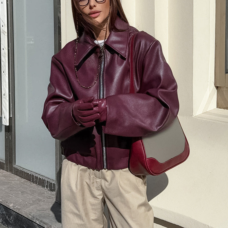 Vintage-Inspired Solid Faux Leather Jacket: Zip-Up & Full Zip Lapel Coat