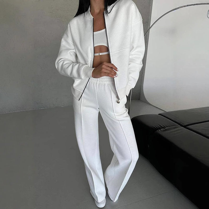 The Essential Autumn Comfort Set: Women's Elevated 2-Piece Full-Zip Jacket and Wide-Leg Tracksuit
