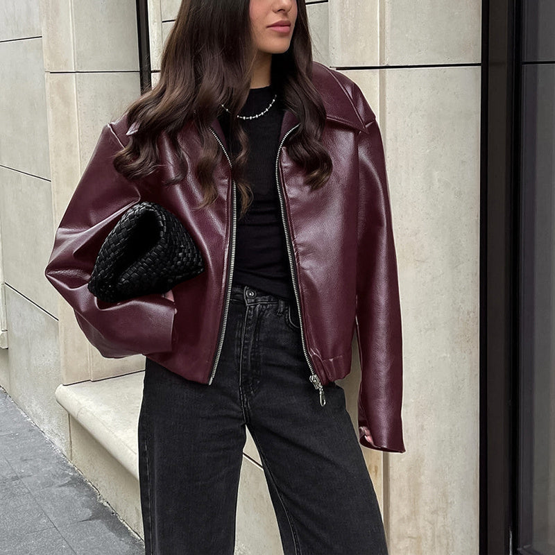 Vintage-Inspired Solid Faux Leather Jacket: Zip-Up & Full Zip Lapel Coat