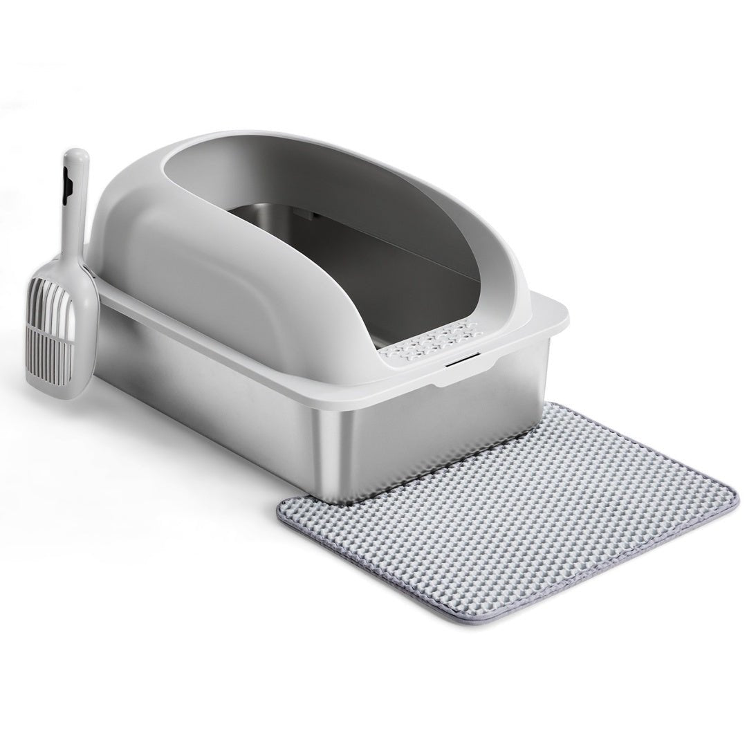 3in1 Stainless Steel Cat Litter Box With Lid, Large Cat Litter Box For Big Cats, Scoop And Mat Included Set - The Vibe Haven