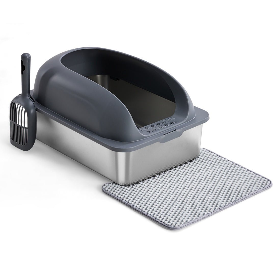 3in1 Stainless Steel Cat Litter Box With Lid, Large Cat Litter Box For Big Cats, Scoop And Mat Included Set - The Vibe Haven