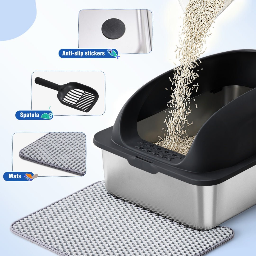 3in1 Stainless Steel Cat Litter Box With Lid, Large Cat Litter Box For Big Cats, Scoop And Mat Included Set - The Vibe Haven