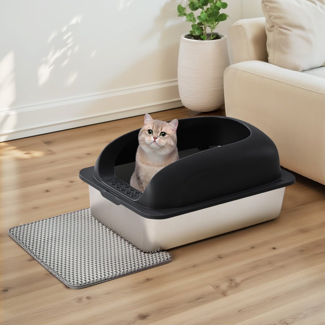 3in1 Stainless Steel Cat Litter Box With Lid, Large Cat Litter Box For Big Cats, Scoop And Mat Included Set - The Vibe Haven