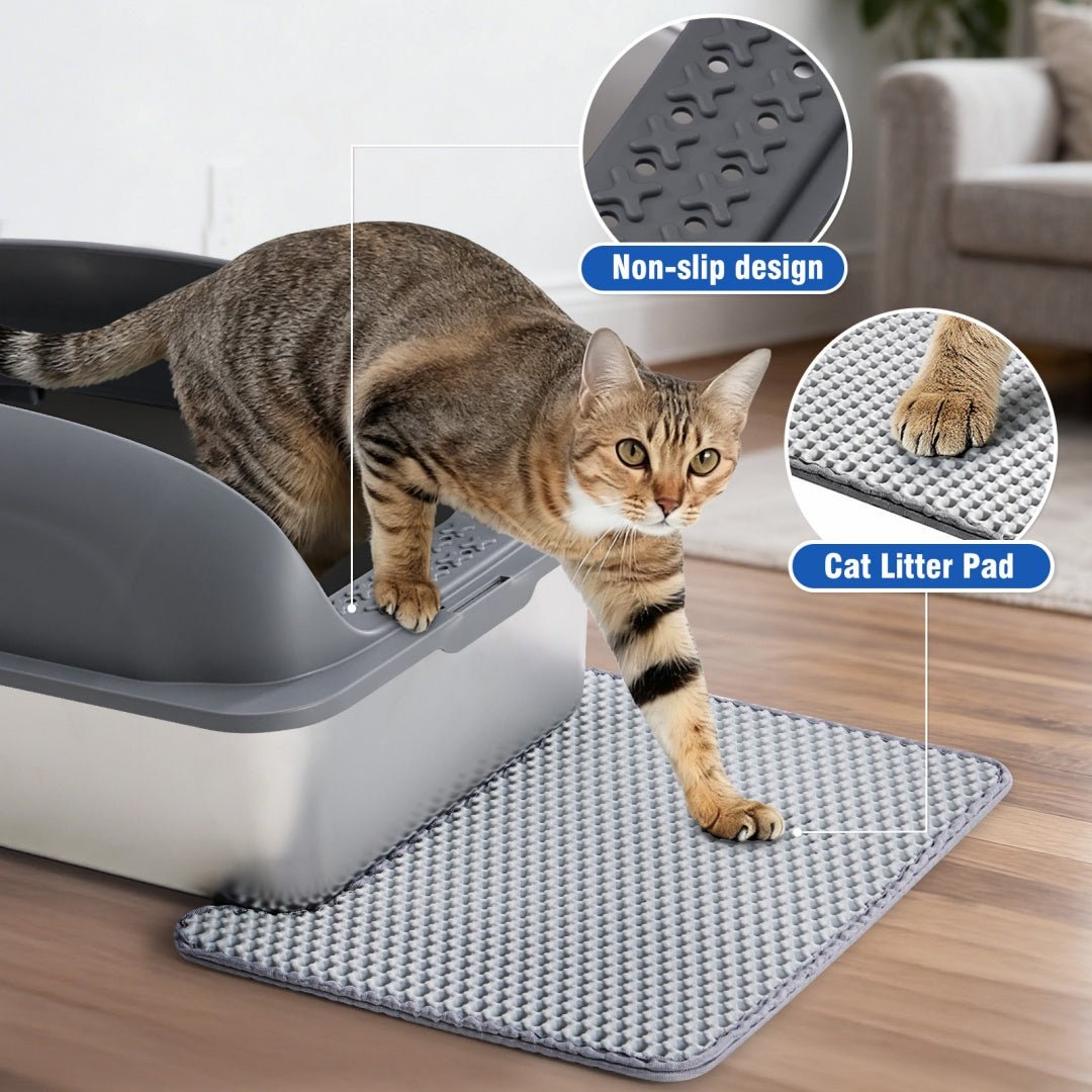 3in1 Stainless Steel Cat Litter Box With Lid, Large Cat Litter Box For Big Cats, Scoop And Mat Included Set - The Vibe Haven