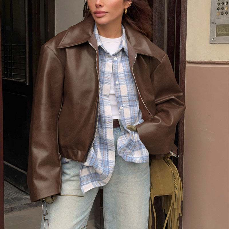 Vintage-Inspired Solid Faux Leather Jacket: Zip-Up & Full Zip Lapel Coat