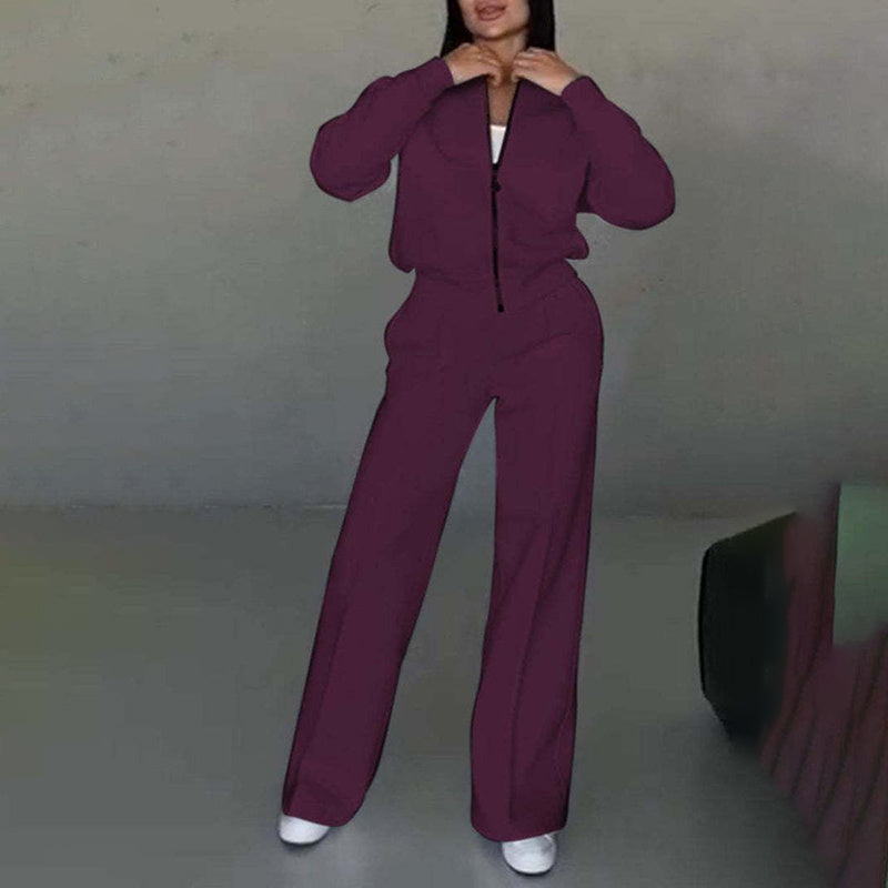The Essential Autumn Comfort Set: Women's Elevated 2-Piece Full-Zip Jacket and Wide-Leg Tracksuit