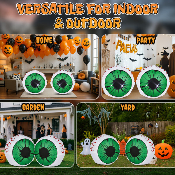 3-Foot Spooky Green-Eyed Inflatable Eyeballs (Pair) with LED Lights for Halloween Decorative Lights