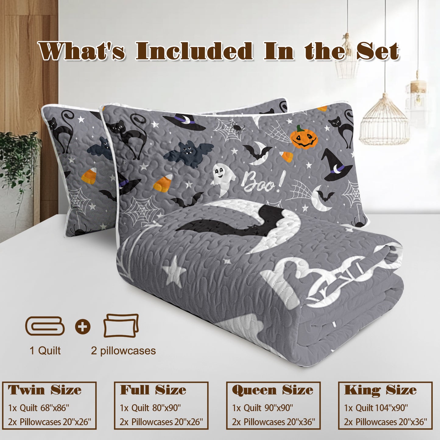 3-Piece Soft Lightweight Halloween Pumpkin Print Coverlet Set | Comfortable & Breathable Bedding for Kids, Teens, and Adults