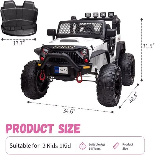 48.4 Large Ride On Car For Kids, Battery Powered Electric Car With 2 Seats, Remote Control, 14 Large Suspension Wheels, LED Lights, Music, Bluetooth For Boys & Girls,white