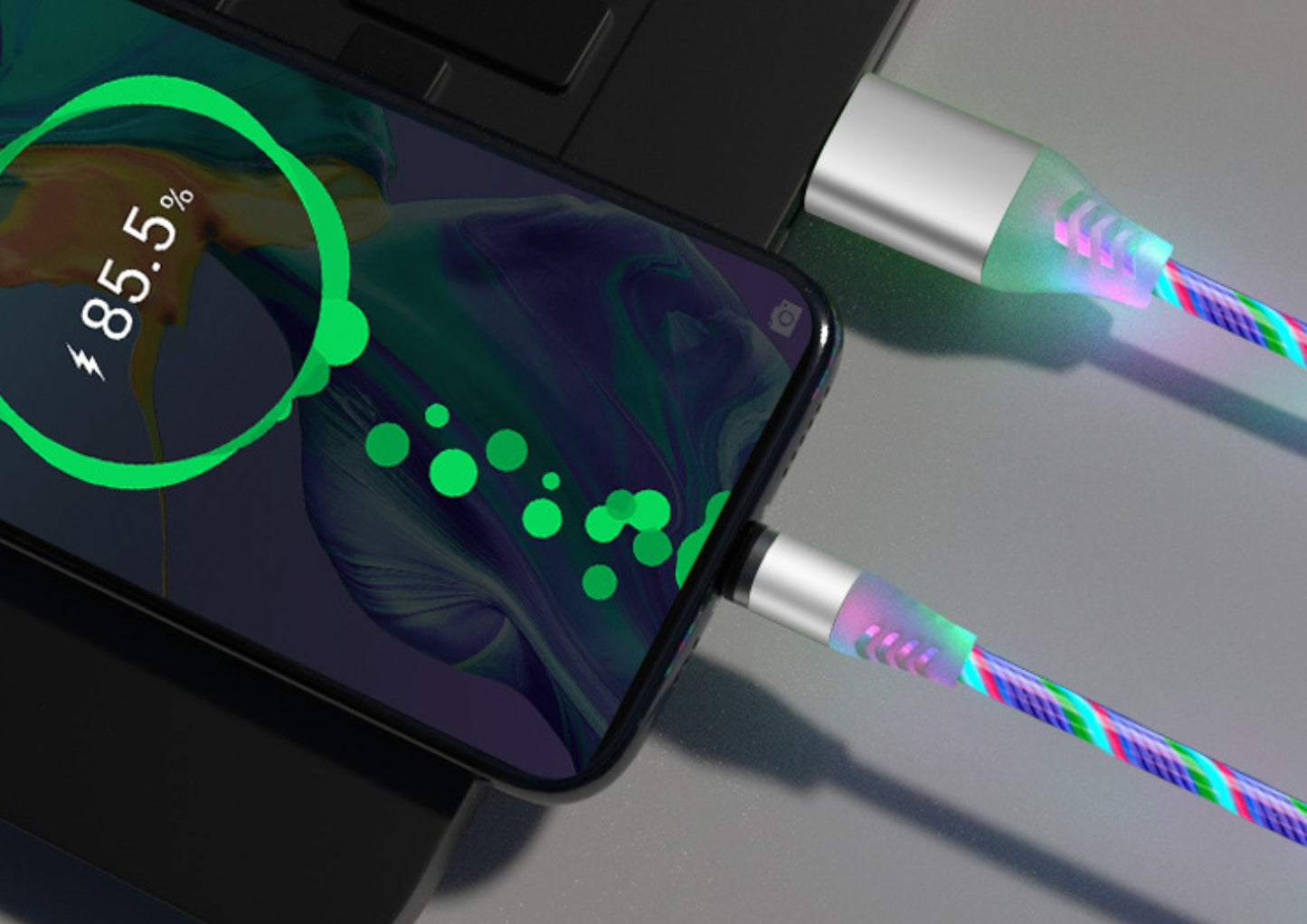 Universal 540° Rotating Magnetic Charger Cable with LED Streamer | 3-in-1 Fast Charge Data Cord for iPhone, Android, & USB-C
