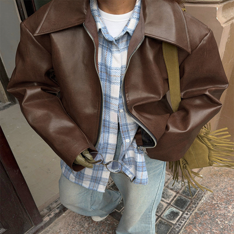 Vintage-Inspired Solid Faux Leather Jacket: Zip-Up & Full Zip Lapel Coat