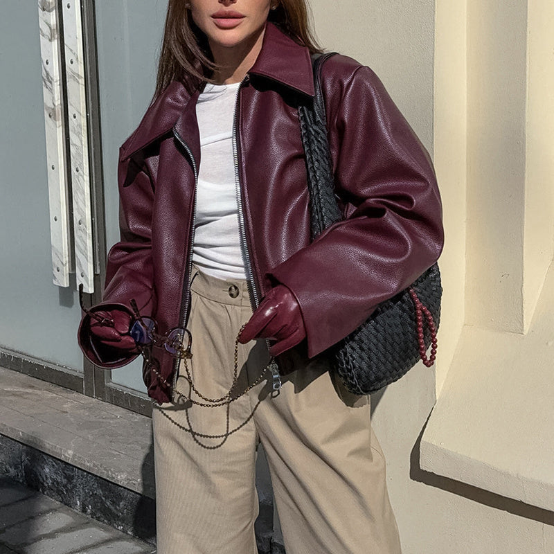 Vintage-Inspired Solid Faux Leather Jacket: Zip-Up & Full Zip Lapel Coat
