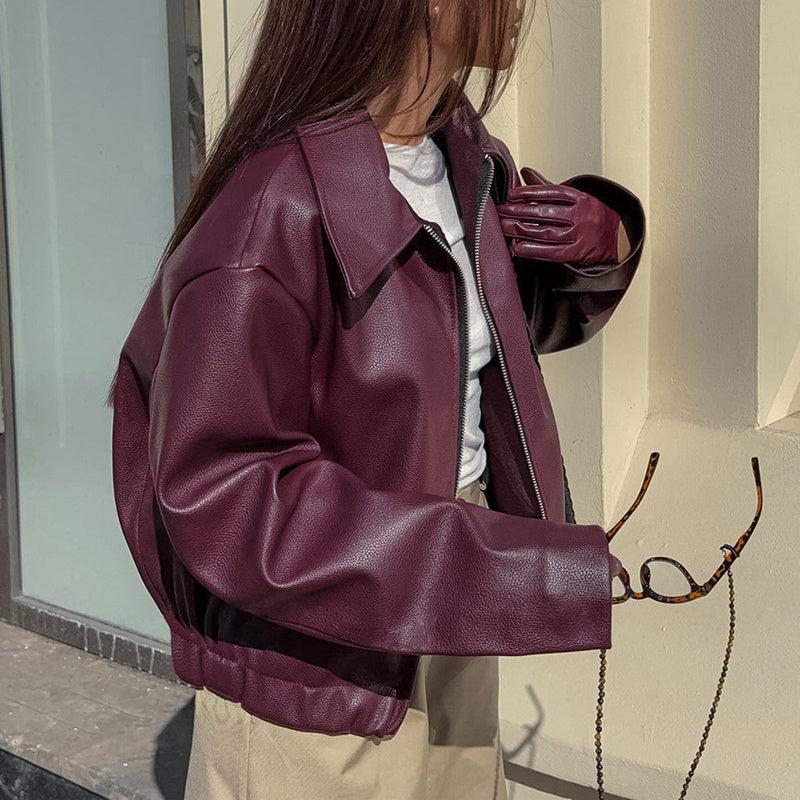 Vintage-Inspired Solid Faux Leather Jacket: Zip-Up & Full Zip Lapel Coat