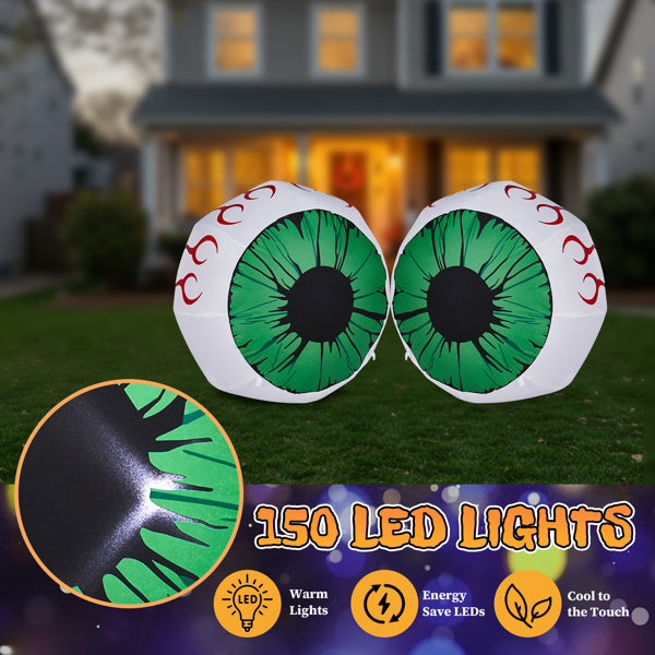 3-Foot Spooky Green-Eyed Inflatable Eyeballs (Pair) with LED Lights for Halloween Decorative Lights