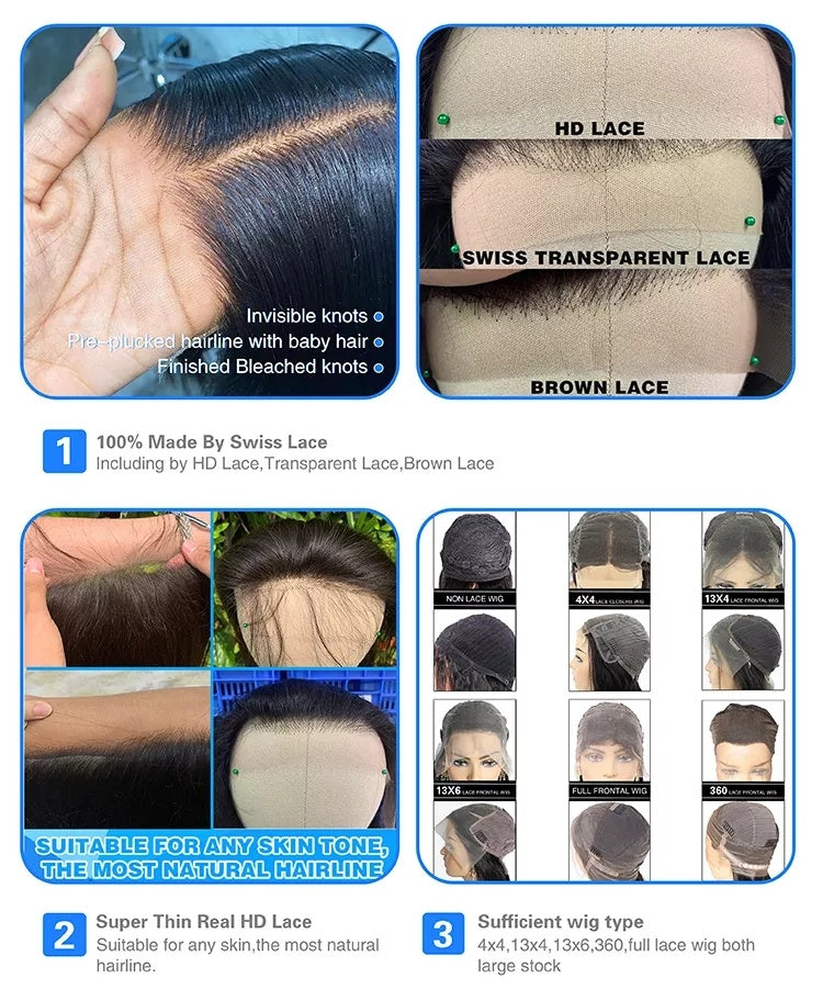 6x4 Density Virgin Human Hair Wigs Brazilian Virgin Raw Hair Transparent Lace Front Pre-Plucked Bleached Knots