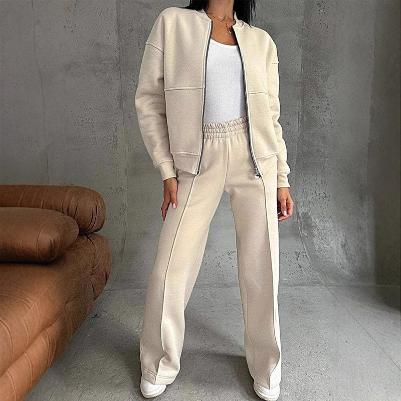 The Essential Autumn Comfort Set: Women's Elevated 2-Piece Full-Zip Jacket and Wide-Leg Tracksuit