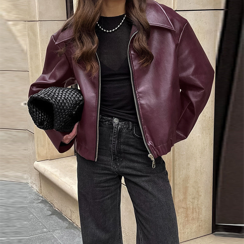Vintage-Inspired Solid Faux Leather Jacket: Zip-Up & Full Zip Lapel Coat