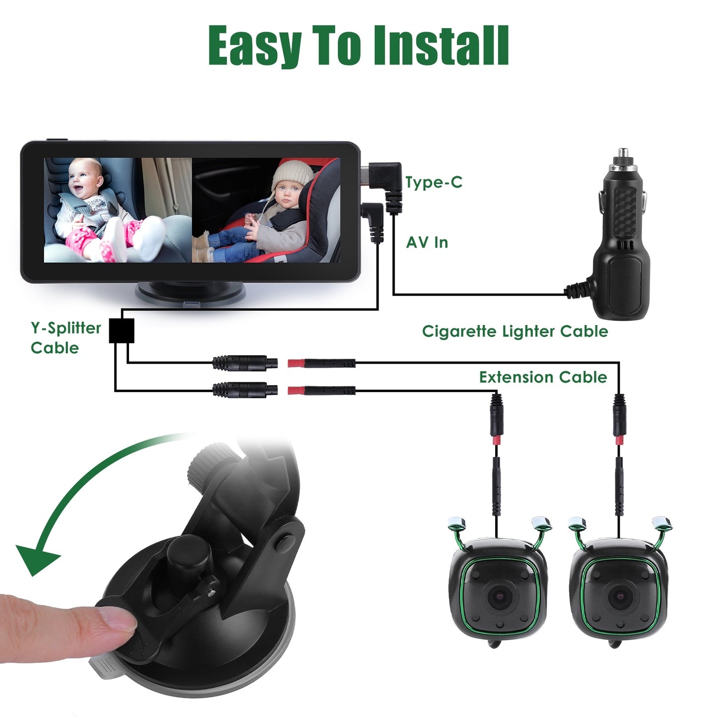 1080P Baby Car Camera For 2 Kids Dual Channel Car Baby Monitor Rear Facing Car Seat Camera With 120Degree Wide View 6.86In HD Split Screen Night Vision