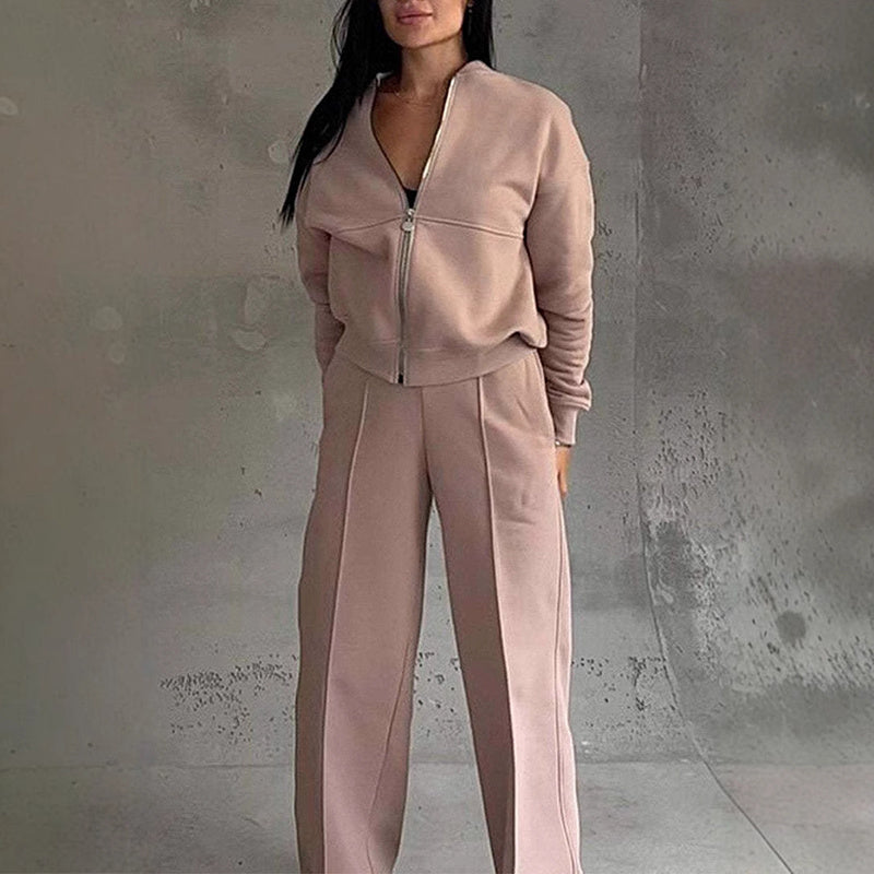 The Essential Autumn Comfort Set: Women's Elevated 2-Piece Full-Zip Jacket and Wide-Leg Tracksuit