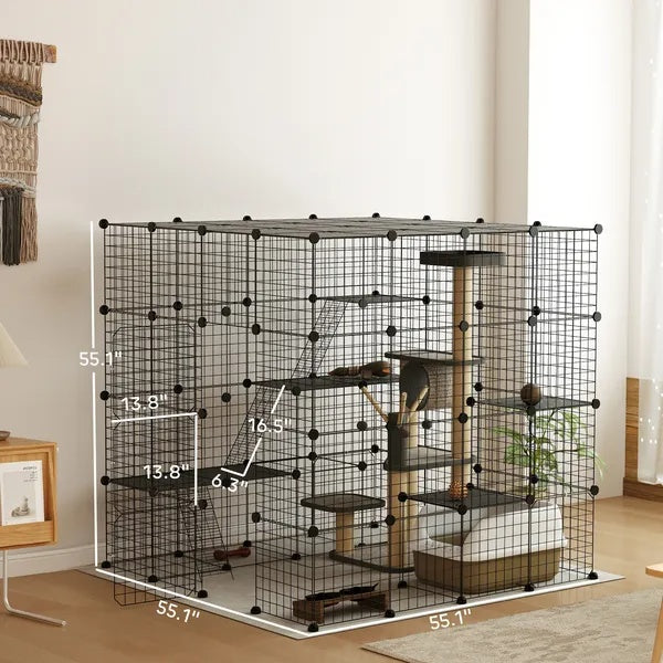 Detachable Metal Cat Cage With Platforms, Ramps, Accessories, For 1-3 Cats, 55 Inch, Black