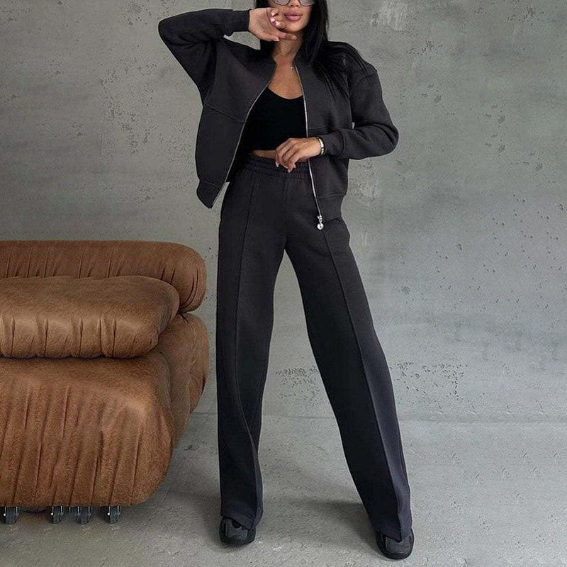 The Essential Autumn Comfort Set: Women's Elevated 2-Piece Full-Zip Jacket and Wide-Leg Tracksuit