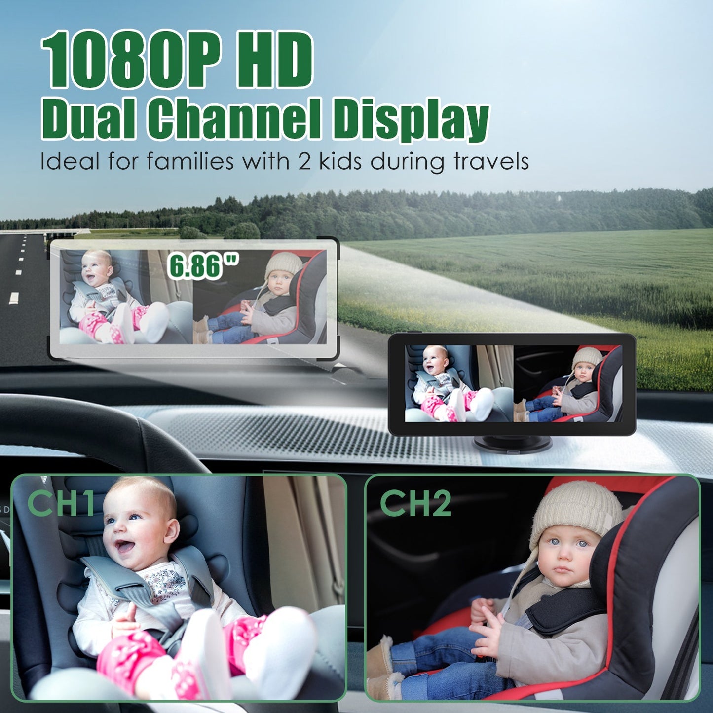 1080P Baby Car Camera For 2 Kids Dual Channel Car Baby Monitor Rear Facing Car Seat Camera With 120Degree Wide View 6.86In HD Split Screen Night Vision