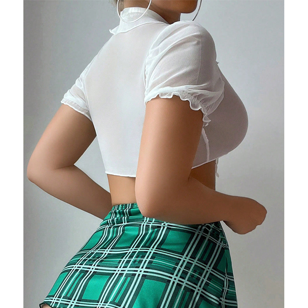 Sexy Underwear Top Tartan Skirt T Back Three-piece Set