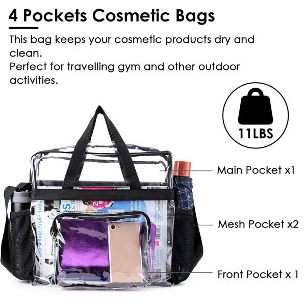 Clear Tote Bag - 4 - Pocket 0.4 Mm PVC Crossbody,Handbag, Adjustable Strap, Holds 11 Lbs, Waterproof & Cold - Crack Resistant, Perfect For Concerts, Sports, School, Work - The Vibe Haven