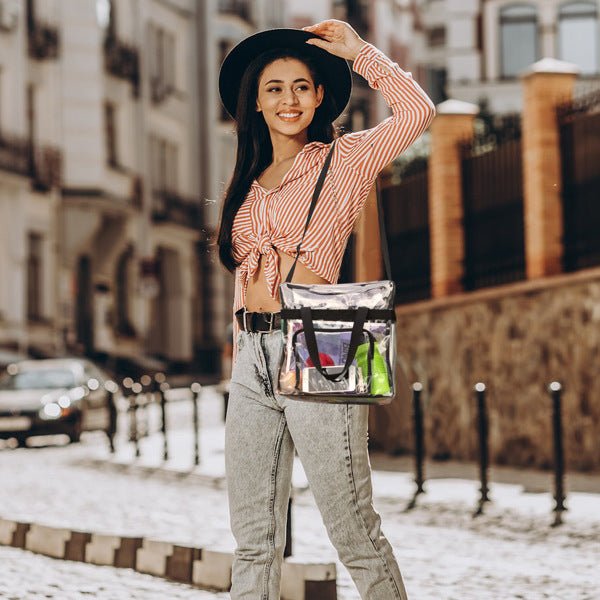 Clear Tote Bag - 4 - Pocket 0.4 Mm PVC Crossbody,Handbag, Adjustable Strap, Holds 11 Lbs, Waterproof & Cold - Crack Resistant, Perfect For Concerts, Sports, School, Work - The Vibe Haven