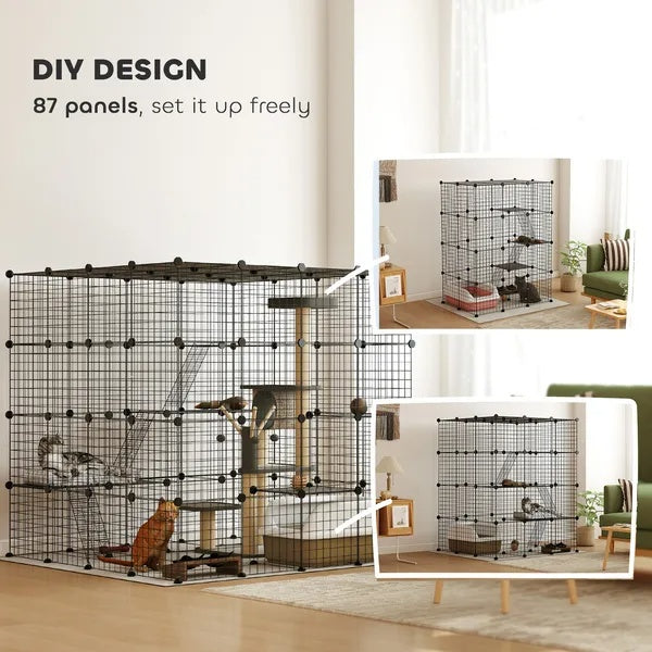 Detachable Metal Cat Cage With Platforms, Ramps, Accessories, For 1-3 Cats, 55 Inch, Black