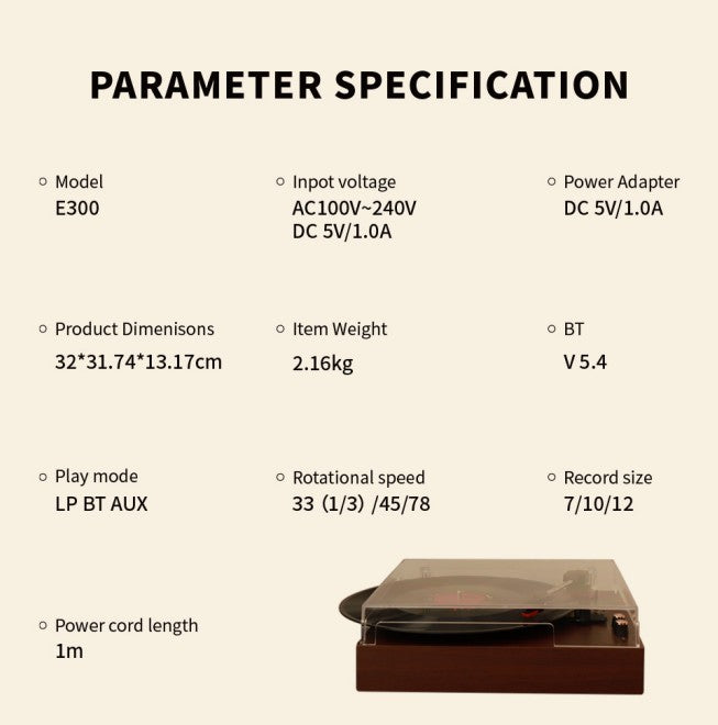 Record Player E300: Premium Turntable with Immersive Stereo Sound