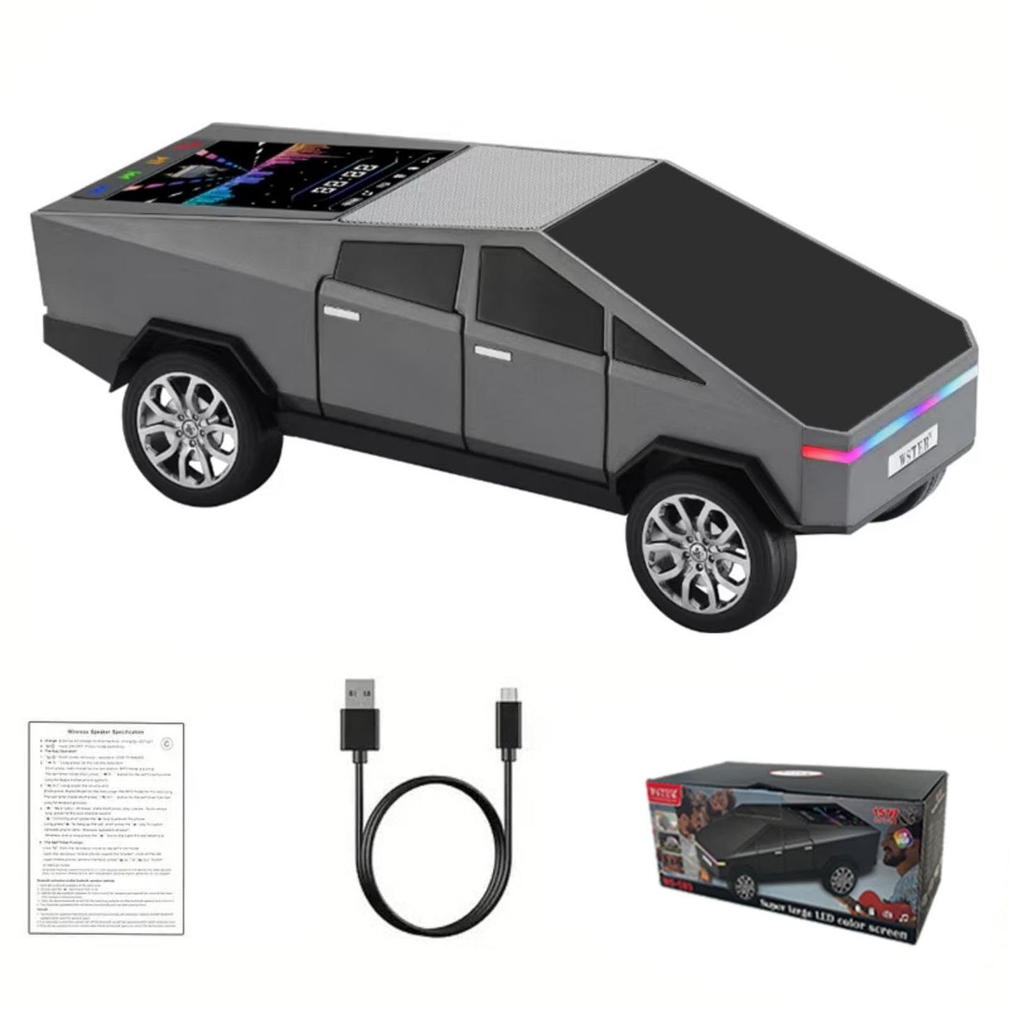 CyberTruck Portable Speaker With Display, WS-580 Bluetooth Pickup, High-definition Sound, TWS Pairing, FM Radio, Built-in Microphone For Hands-free Calls, A Surprising Gift For Car Enthusiasts