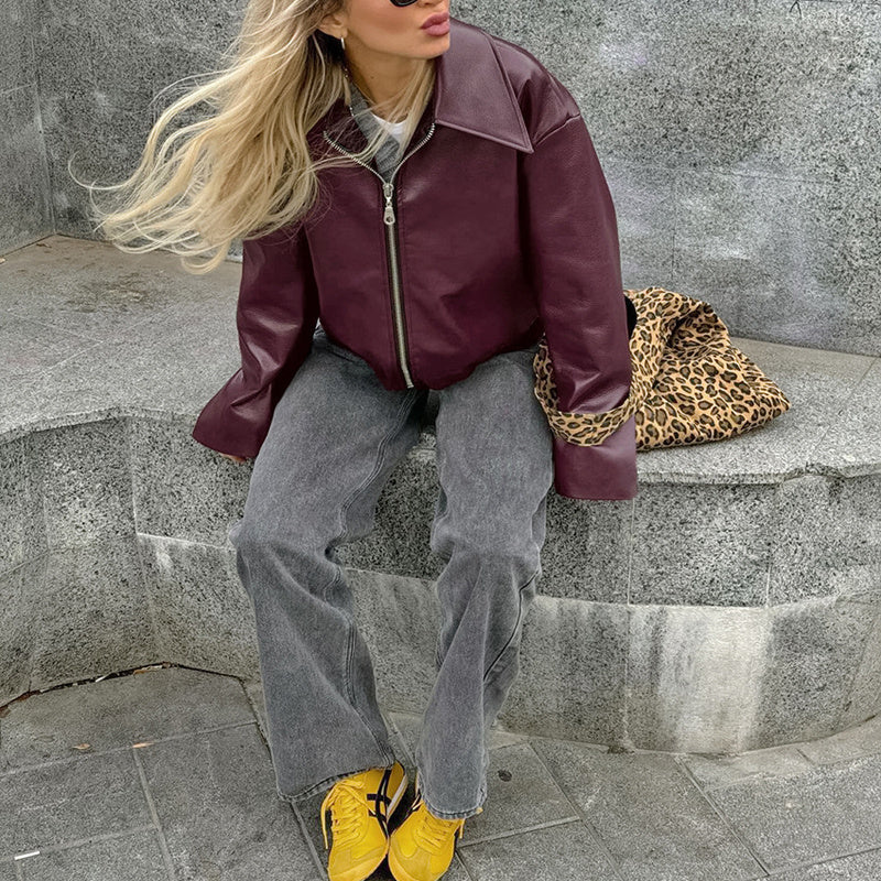 Vintage-Inspired Solid Faux Leather Jacket: Zip-Up & Full Zip Lapel Coat