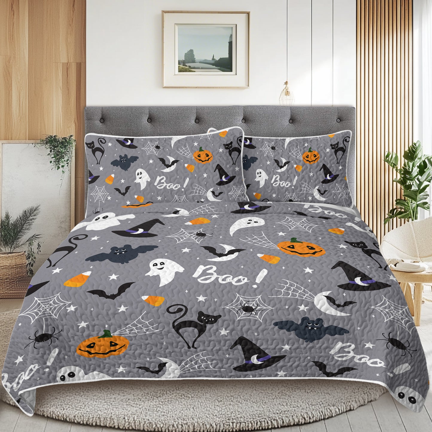 3-Piece Soft Lightweight Halloween Pumpkin Print Coverlet Set | Comfortable & Breathable Bedding for Kids, Teens, and Adults