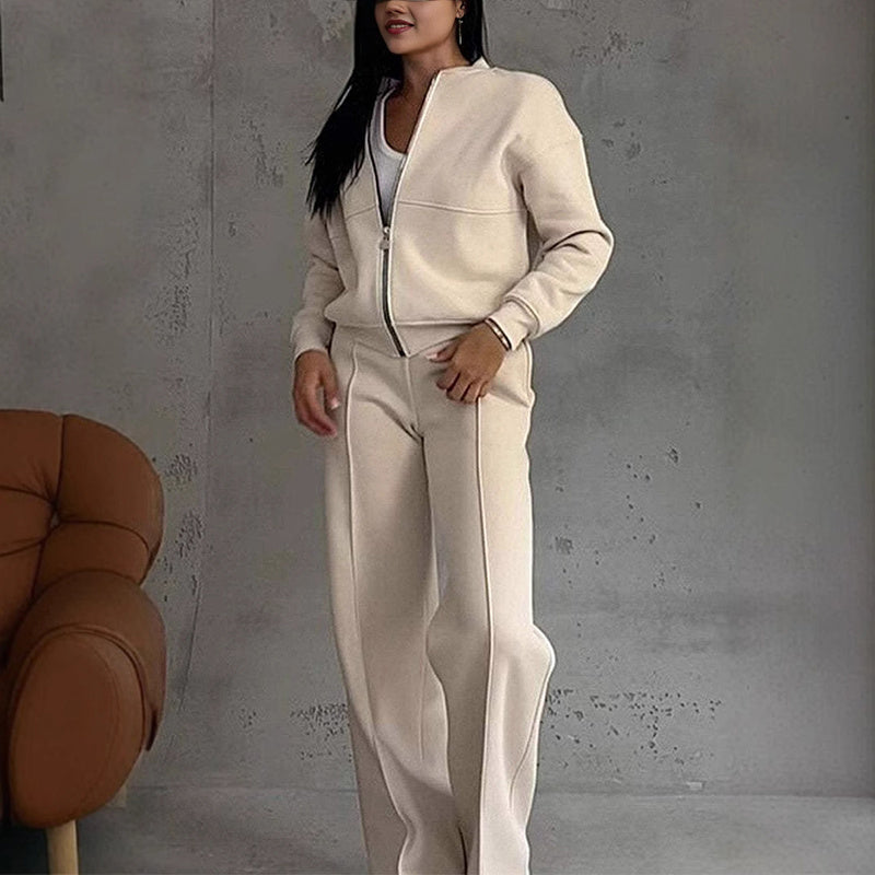The Essential Autumn Comfort Set: Women's Elevated 2-Piece Full-Zip Jacket and Wide-Leg Tracksuit