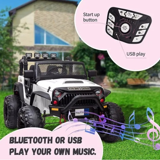 48.4 Large Ride On Car For Kids, Battery Powered Electric Car With 2 Seats, Remote Control, 14 Large Suspension Wheels, LED Lights, Music, Bluetooth For Boys & Girls,white