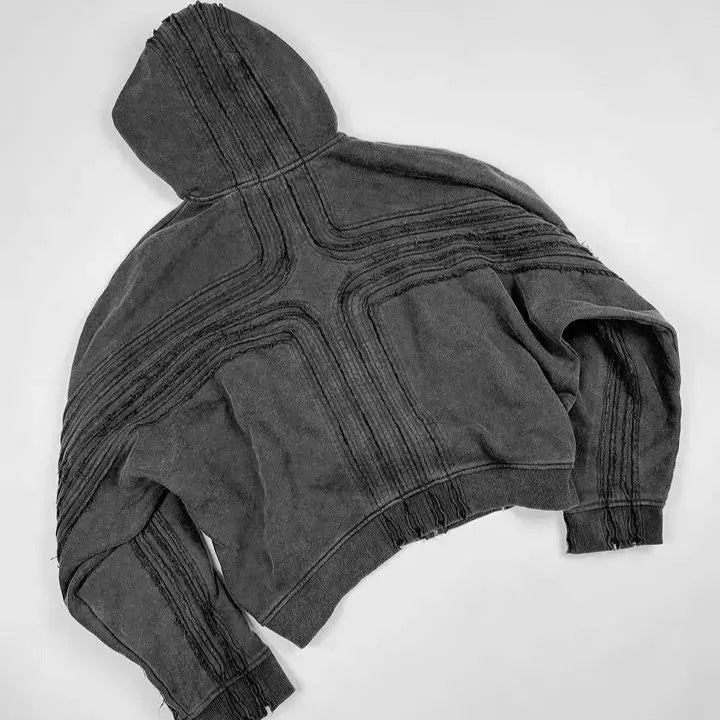 Premium Street Heavy Cotton Loose Hand Frayed Cross Design Sweater